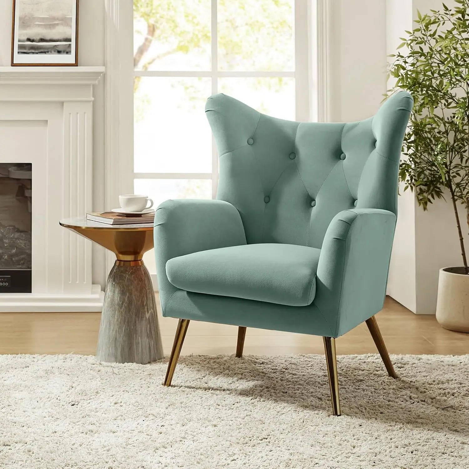 Velvet Accent Chair, Modern Wingback Arm Chair with Metal Gold Legs