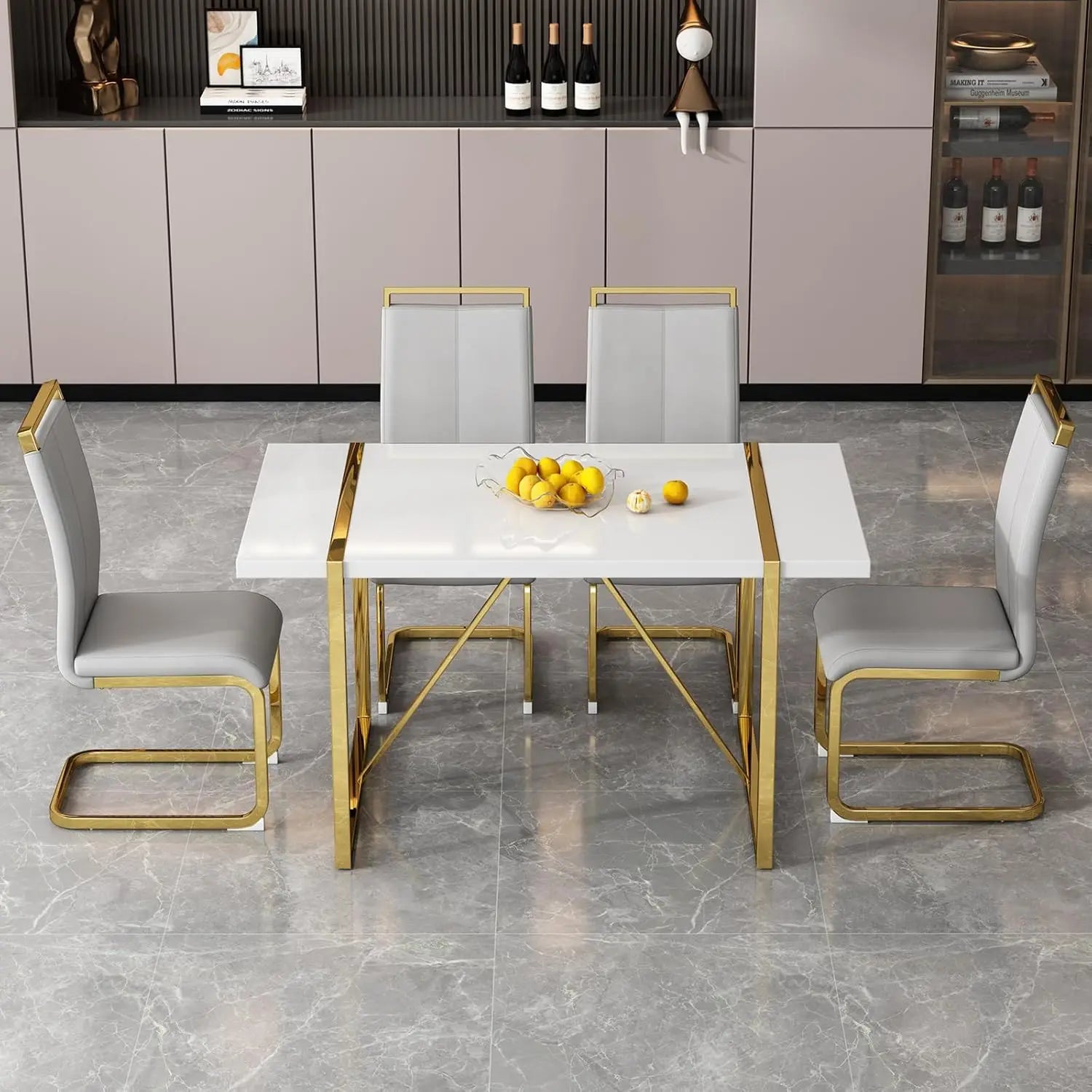 Dining Table Set for 4，White Rectangular Kitchen Table and Leather Dining Chairs
