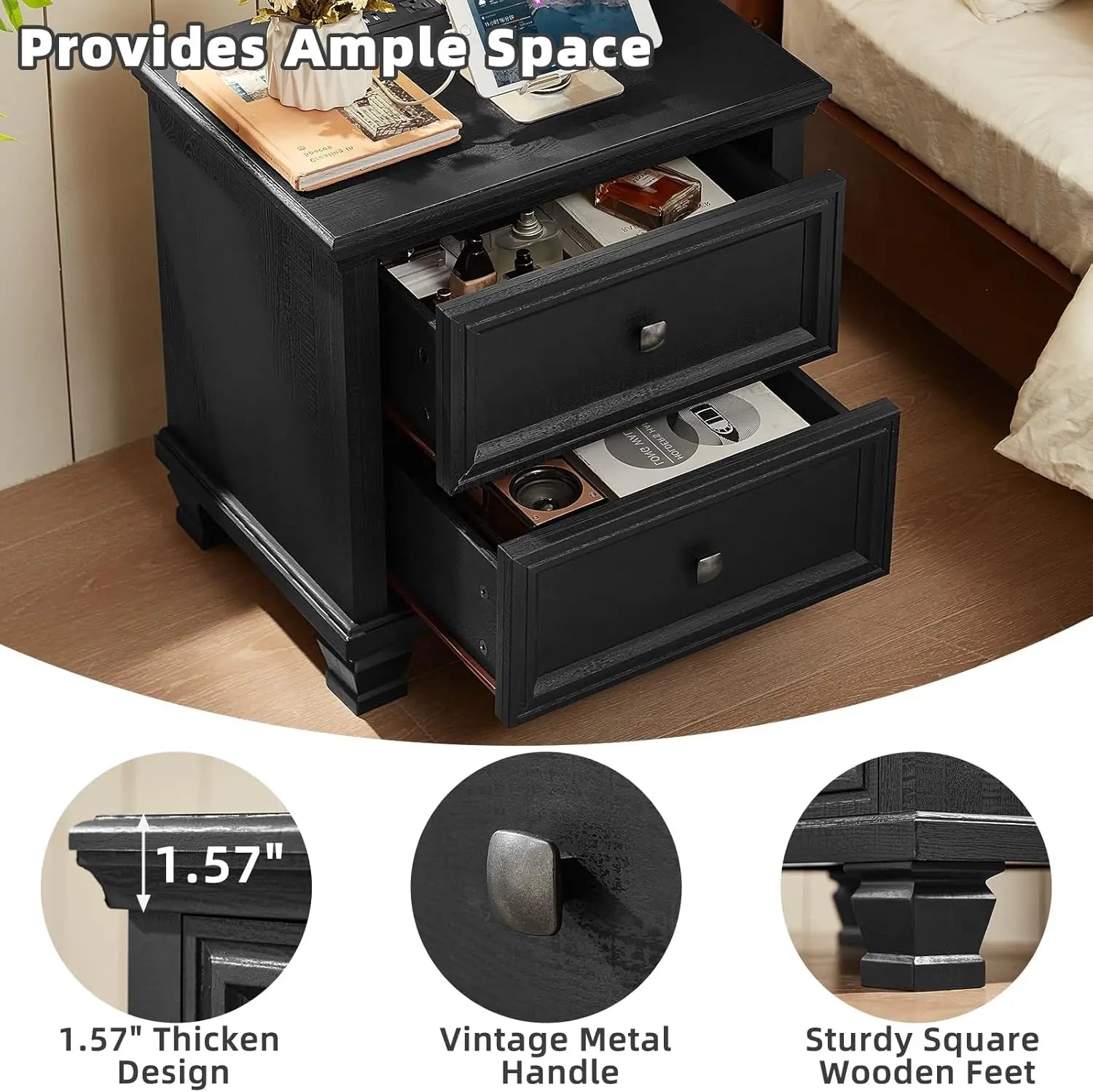 Farmhouse Nightstand Set of 2, Rustic Black Nightstands Vintage Wooden