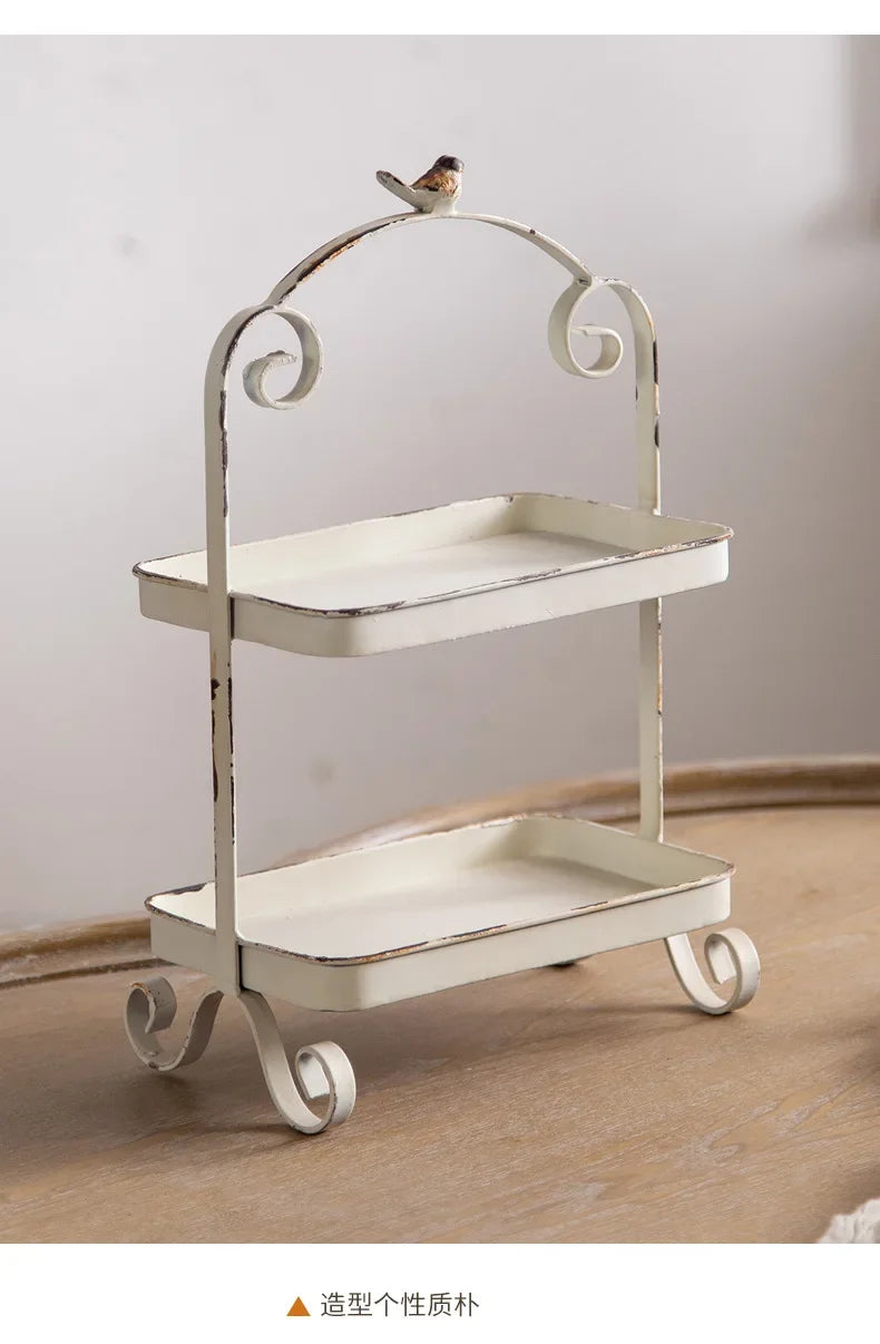 Metal White Double Height Tray with Retro Bird Finale, Cake Stand, Kitchen Storage
