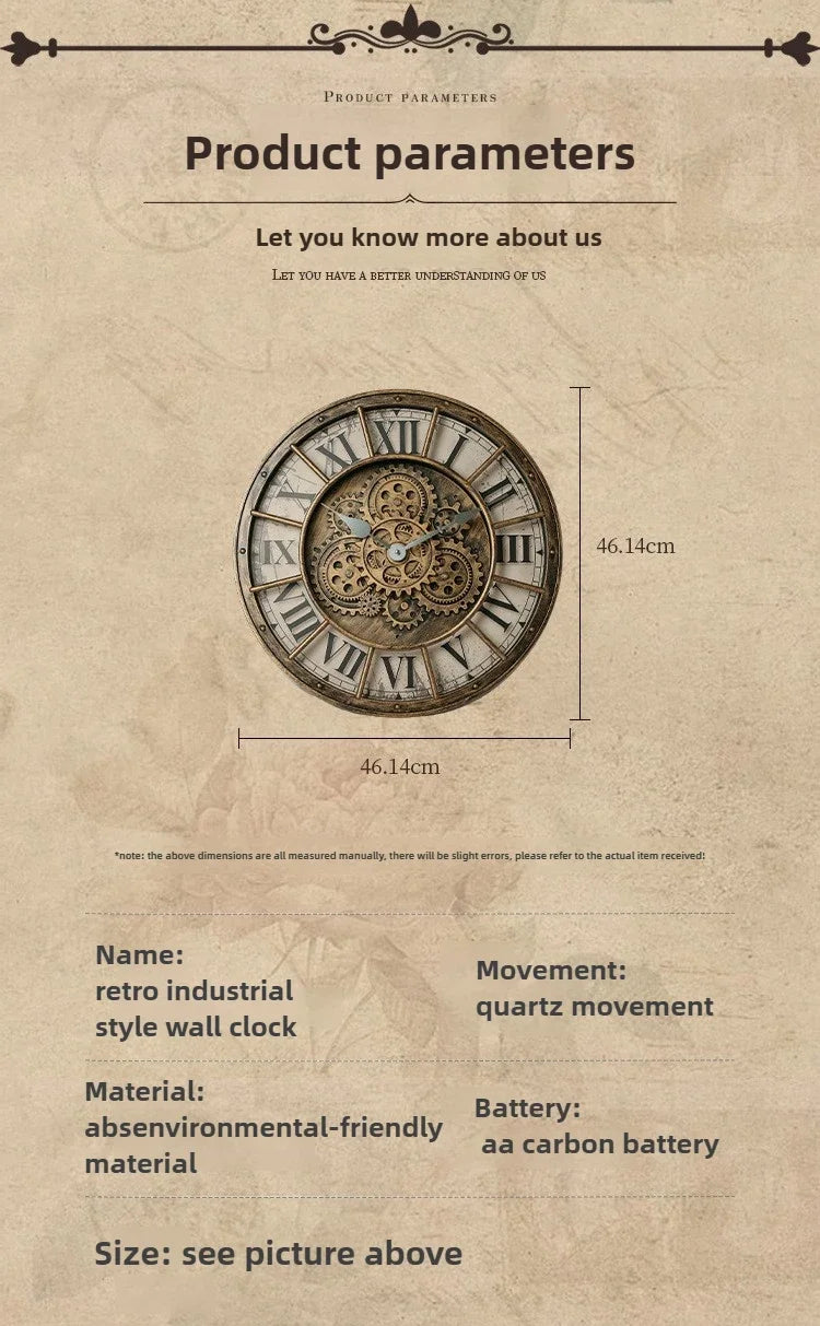 Retro Rotating Gear Wall Clock Home Decorative Wall Clock Stylish Silent