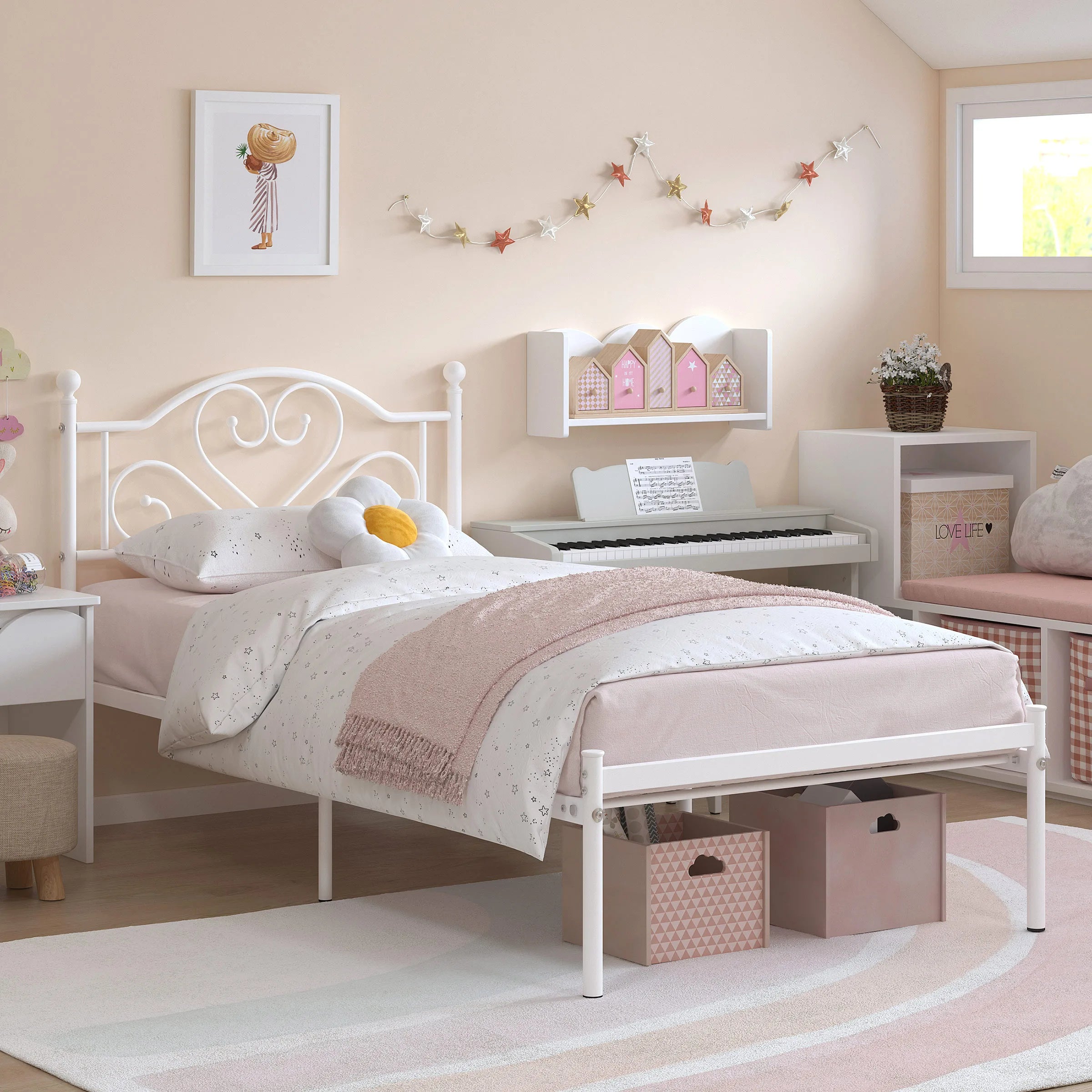 Twin Bed Frame with Headboard, Heavy Duty Metal Platform Bed with Under Bed
