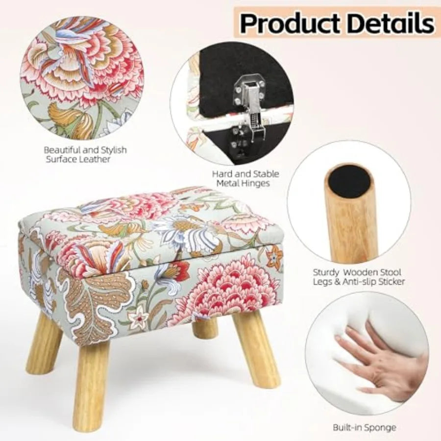 Square Storage Ottoman with Sturdy Wood Legs Tufted Upholstered Footstool