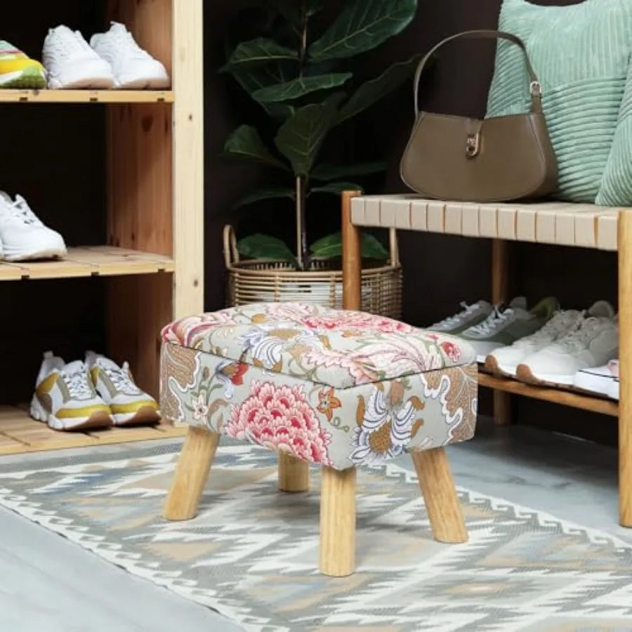 Square Storage Ottoman with Sturdy Wood Legs Tufted Upholstered Footstool