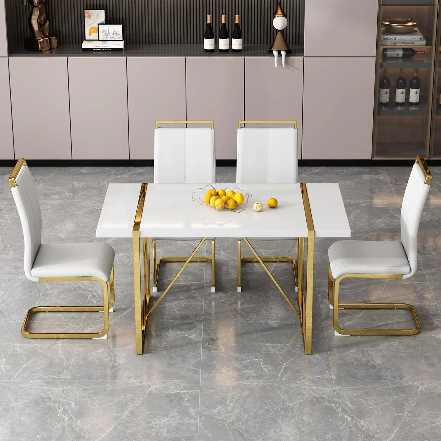 Dining Table Set for 4，White Rectangular Kitchen Table and Leather Dining Chairs