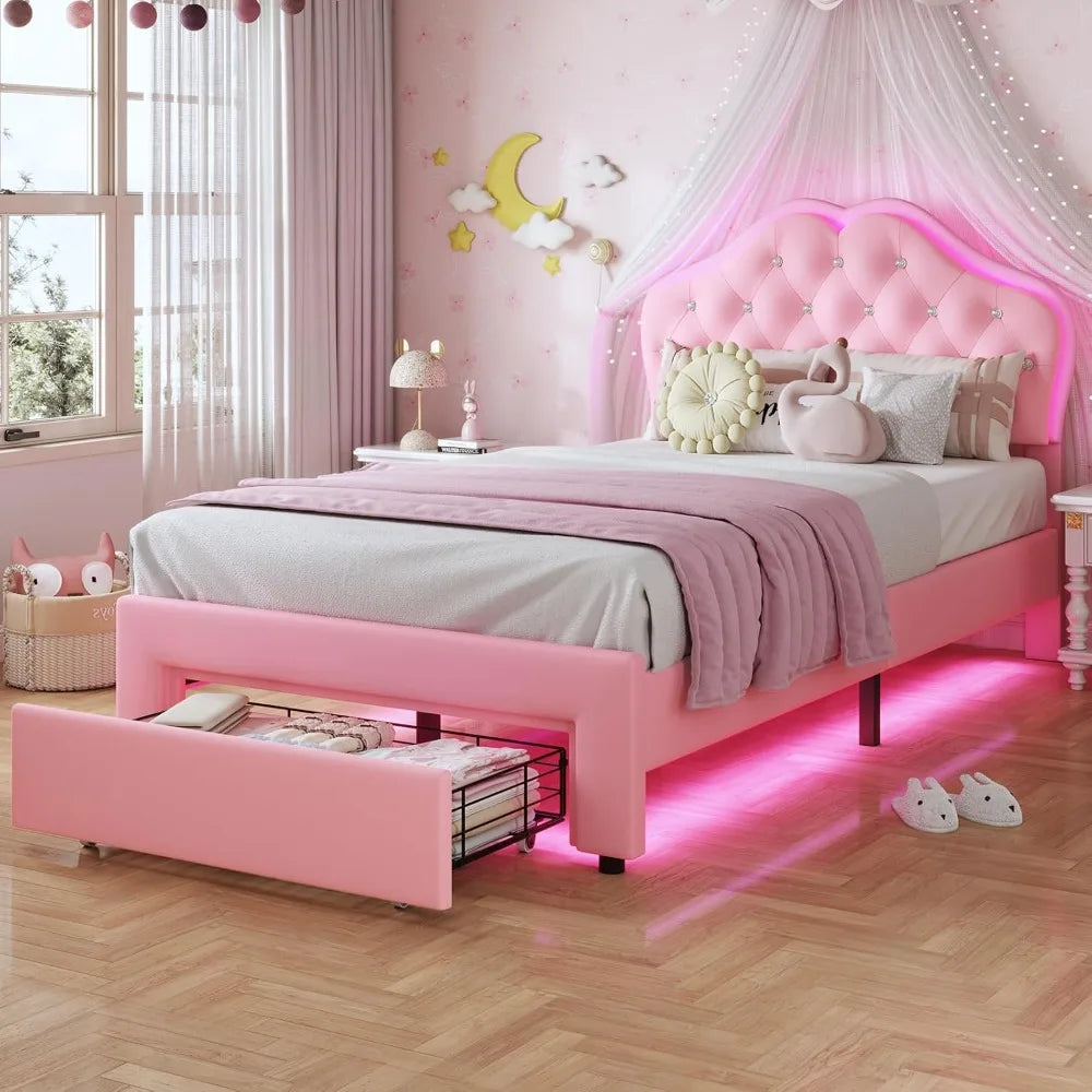 Twin Girl's Upholstered Platform Bed — LED Lights, Storage Drawer & Crystal Headboard