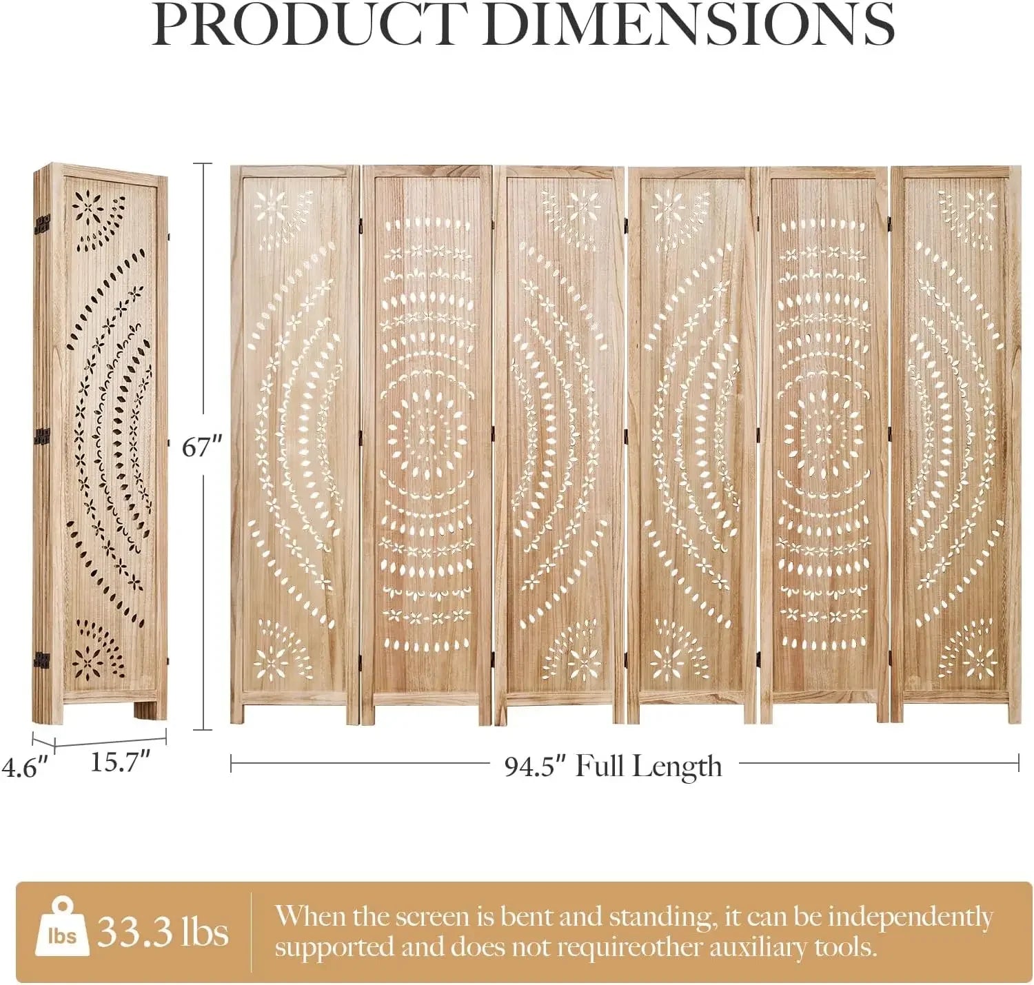 66.9Inch Folding Room Divider, 6 Panels Wood Carved Privacy Screens