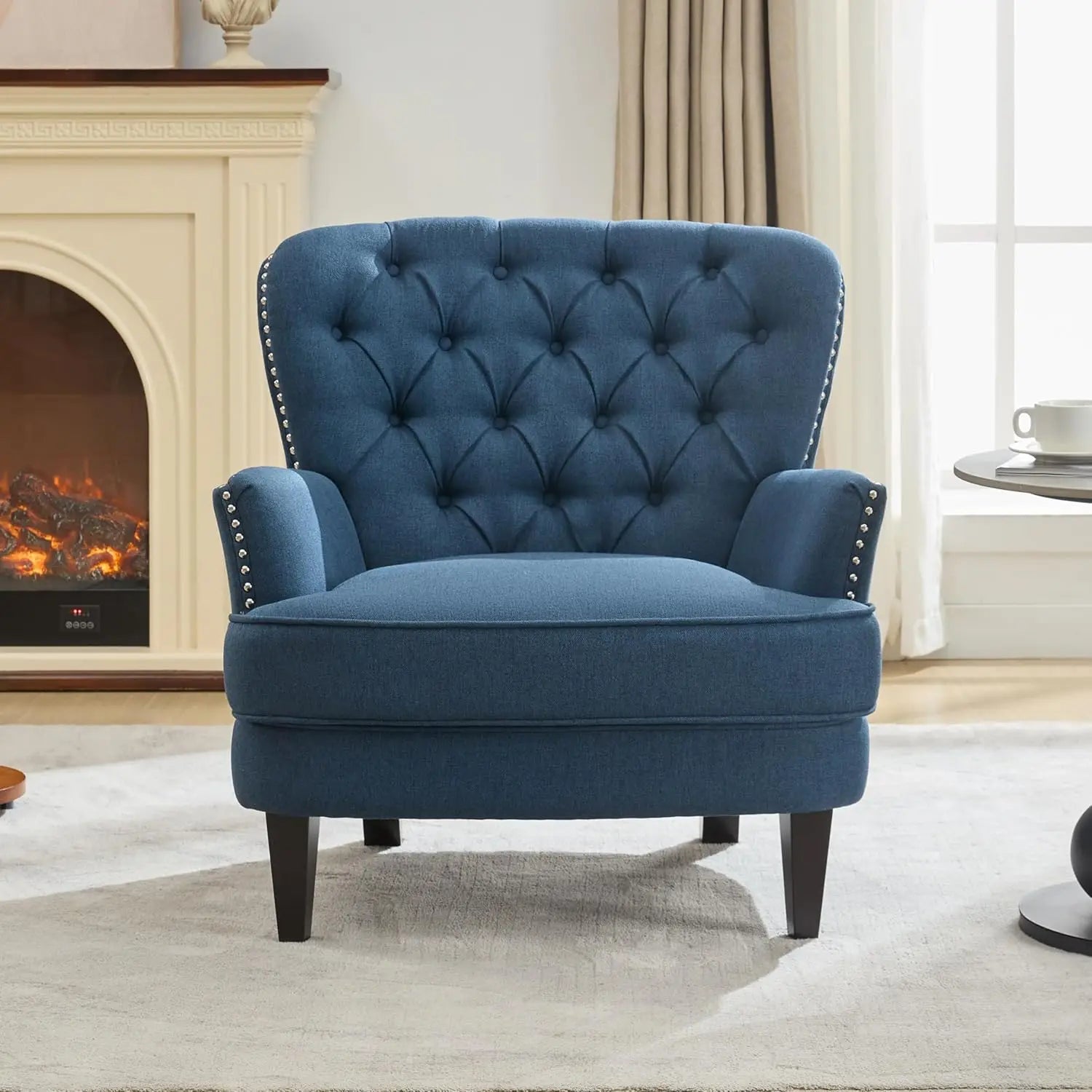 Fabric Upholstered Club Chair Tufted Wingback Accent Armchair Dark Blue