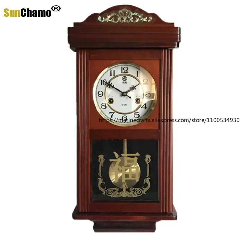 Retro Mechanical Wall Clock Vintage Clock Wind Pendulum Fengshui Town Clock