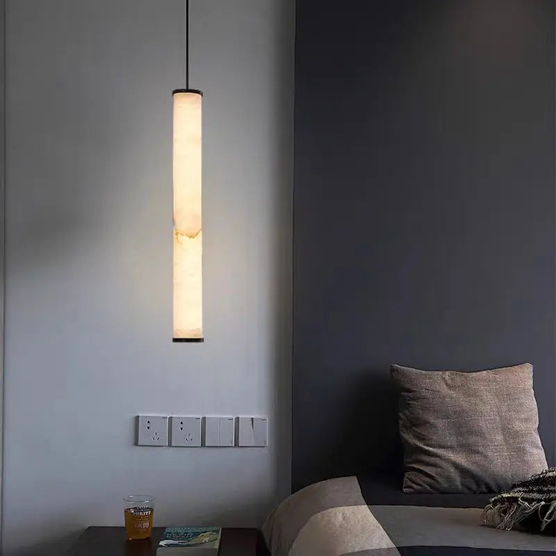 Cylindrical Natural Marble Chandelier Black Brass 3000K Indoor Bedroom Lamp