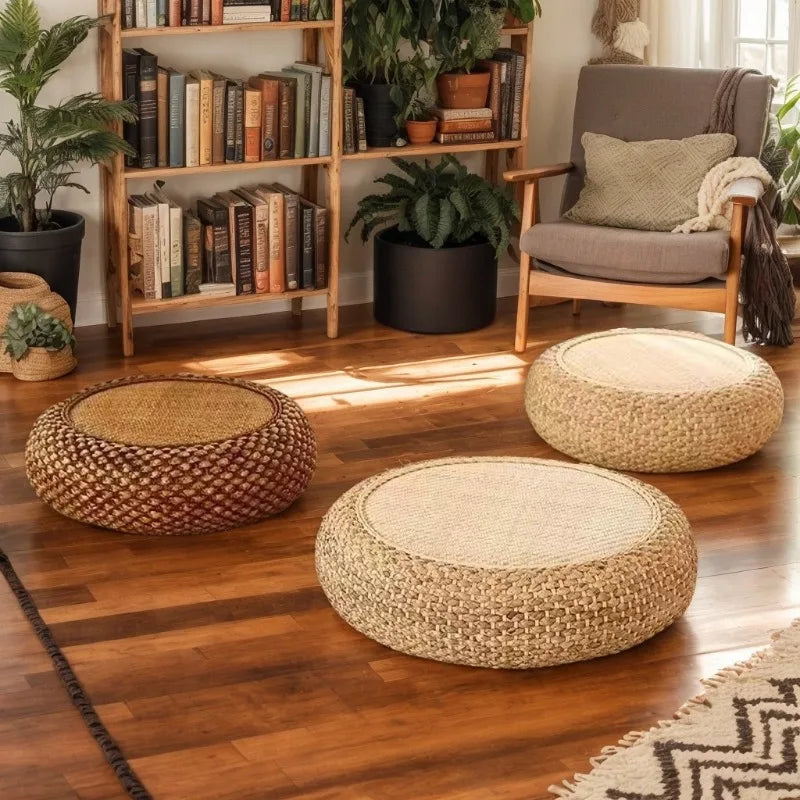 Handwoven Water Hyacinth Rattan Stool, Bohemian Round Ottoman for Bedroom
