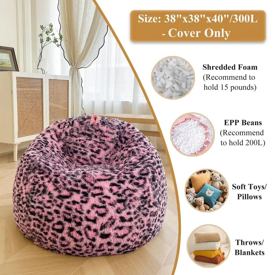 Faux Fur Leopard Print Bean Bag Chair Cover No Filler, Fluffy Pink Home Decor