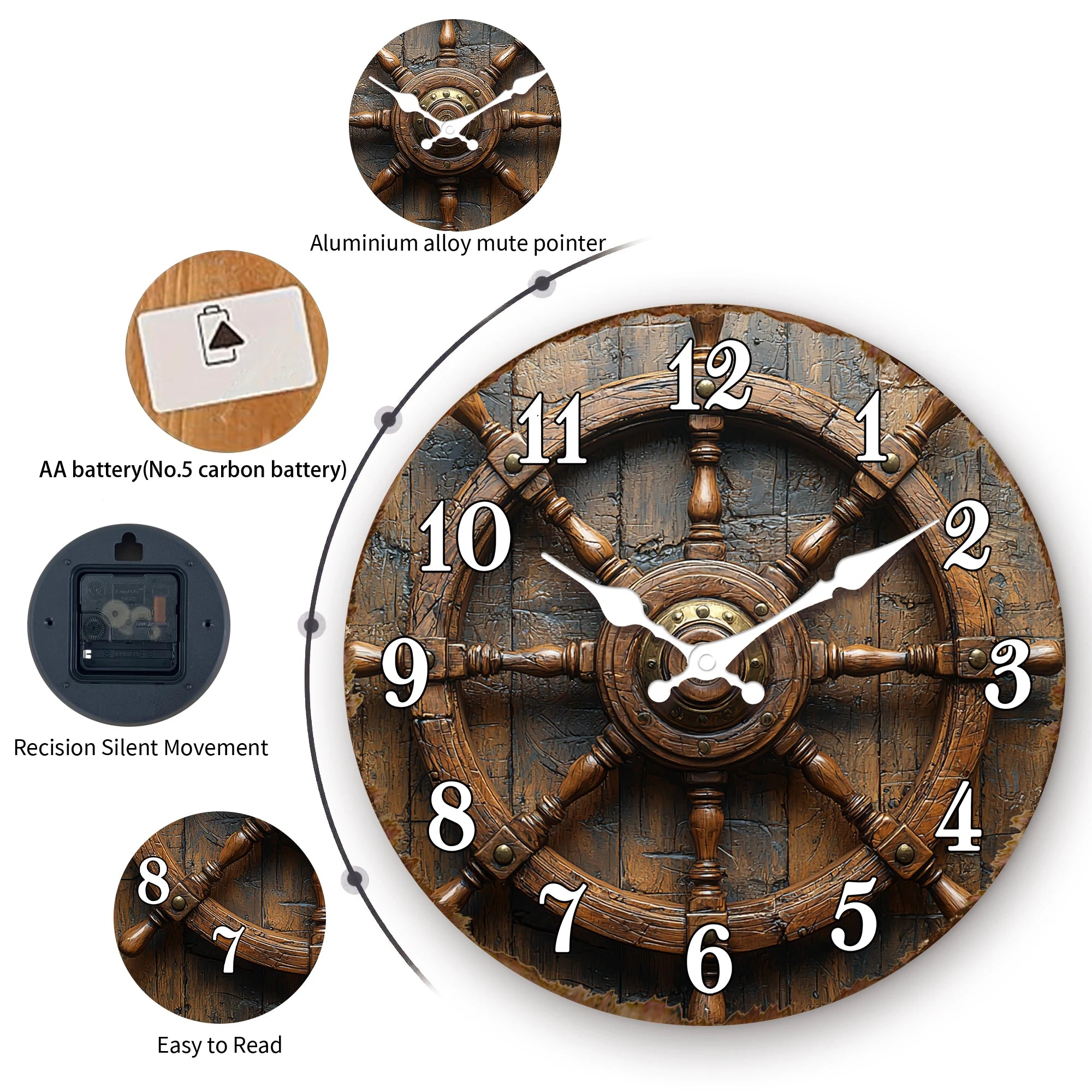 Antique Wooden Ship Steering Wheel Wall Clock - Nautical Decor for Office