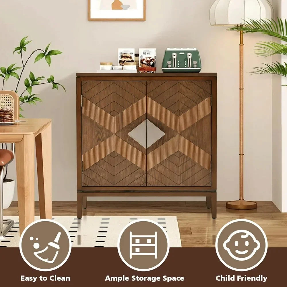 Mid-Century Modern Carved Wood Sideboard Buffet Geometric