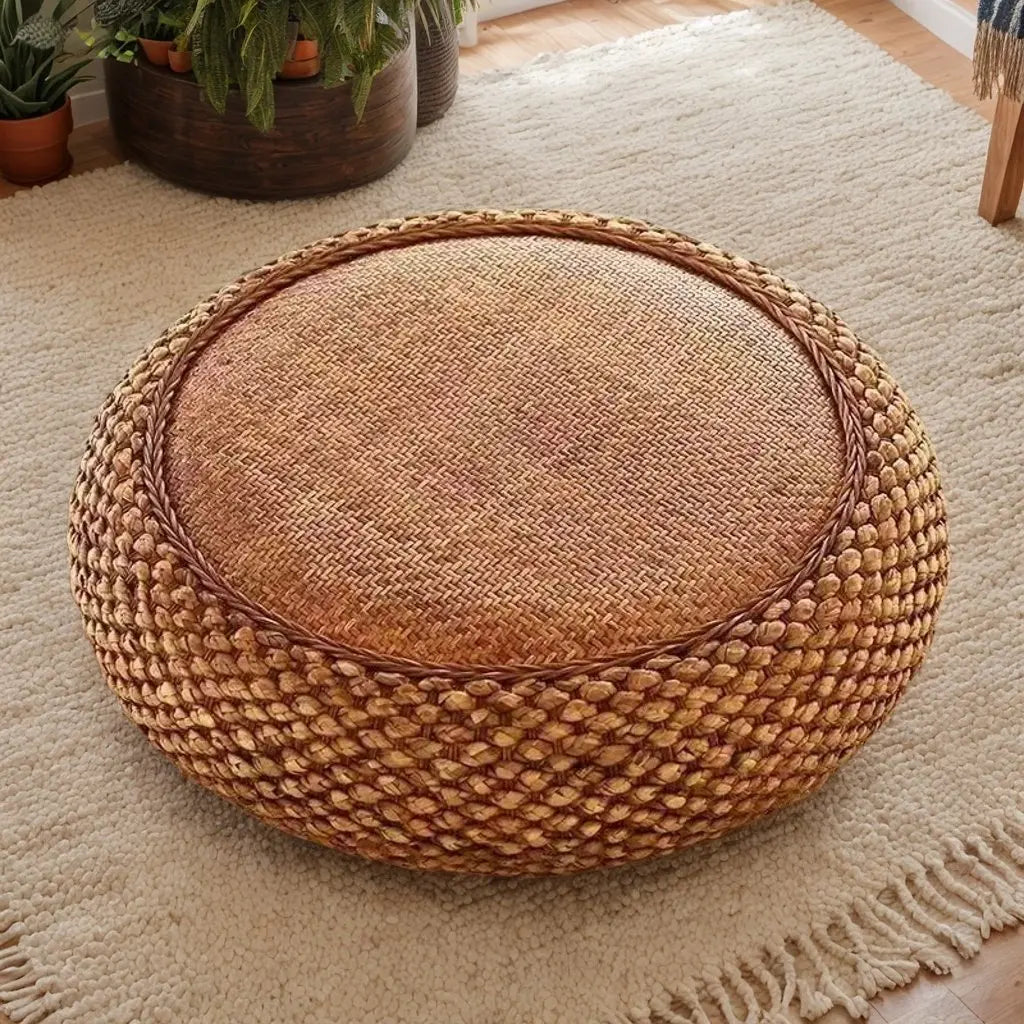 Handwoven Water Hyacinth Rattan Stool, Bohemian Round Ottoman for Bedroom