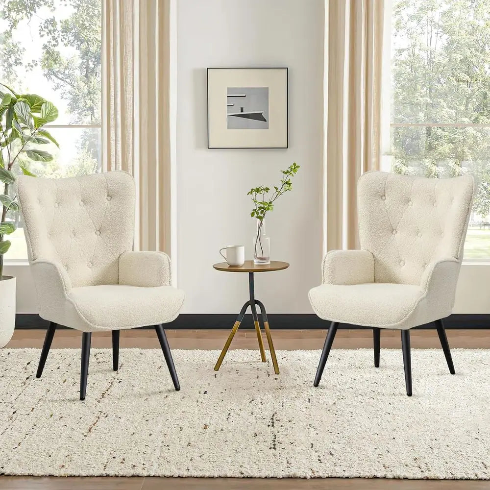 Ivory High-Back Wingback Chair Tufted Accent for Living Room or Bedroom