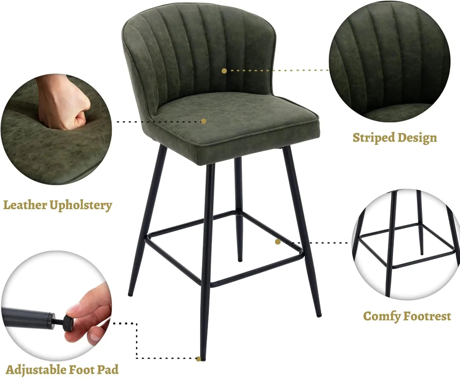 Counter Height Bar Stools Set of 2, Modern Leather Upholstered with Metal