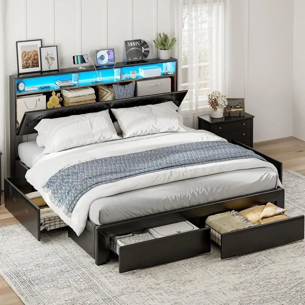 California King Bed with 4 Drawers, Hidden Storage, Upholstered Platform