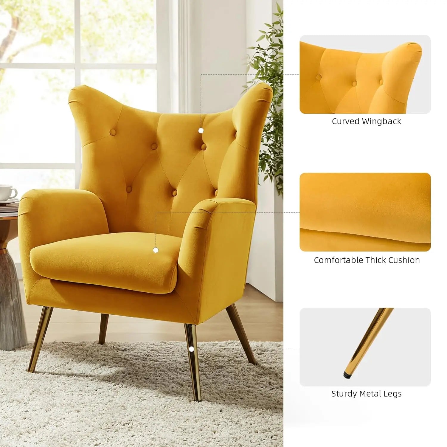Velvet Accent Chair, Modern Wingback Arm Chair with Metal Gold Legs