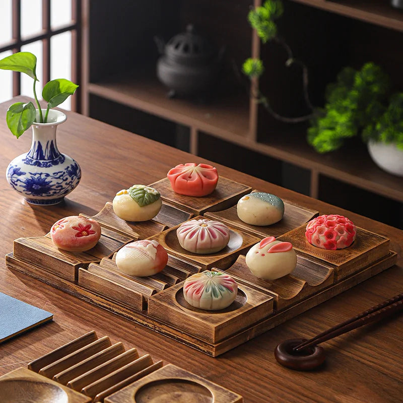 Wooden Snack Tray 9-Compartment Dessert Platter Specialty Plates Set