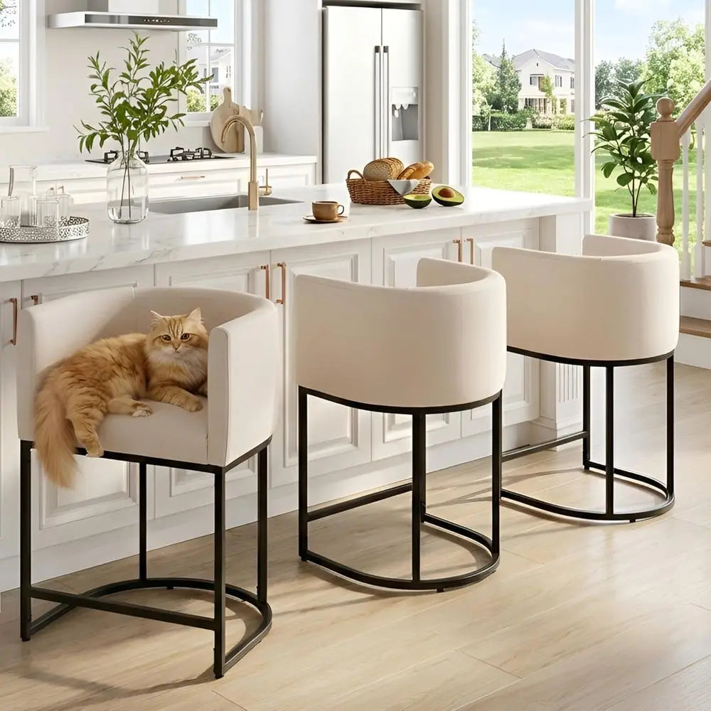Linen Fabric Upholstered Counter Stools Set of 3, 24 Inch Kitchen Island Bar Stools