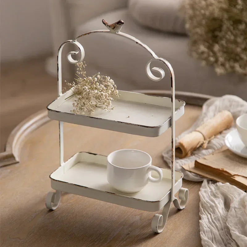 Metal White Double Height Tray with Retro Bird Finale, Cake Stand, Kitchen Storage