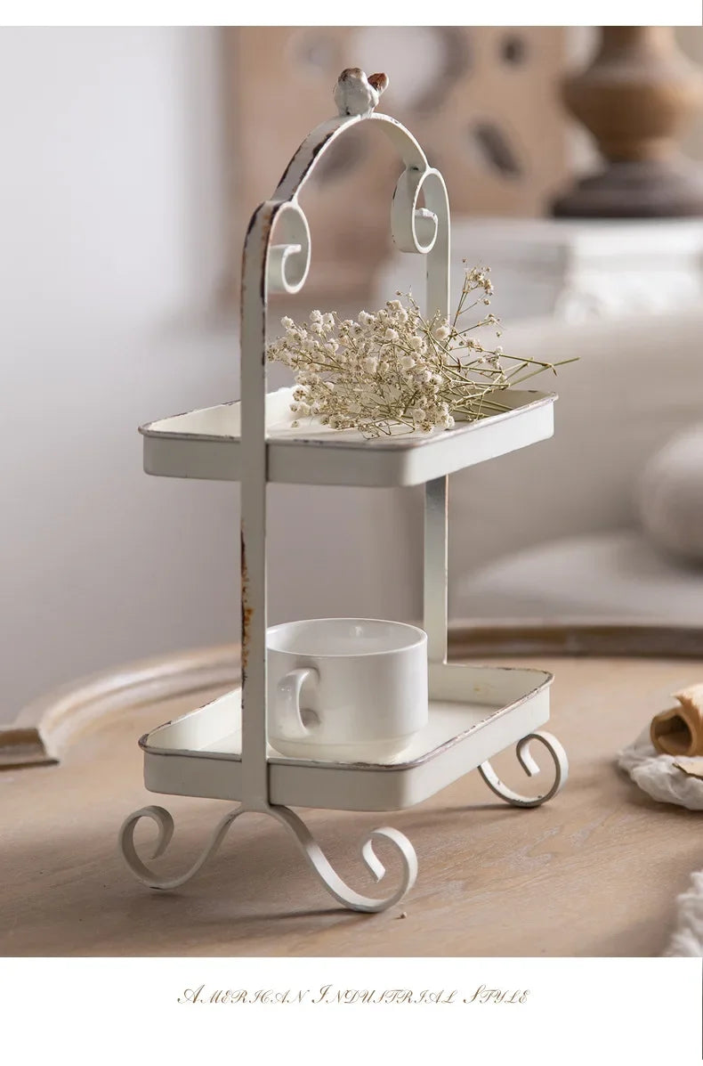 Metal White Double Height Tray with Retro Bird Finale, Cake Stand, Kitchen Storage