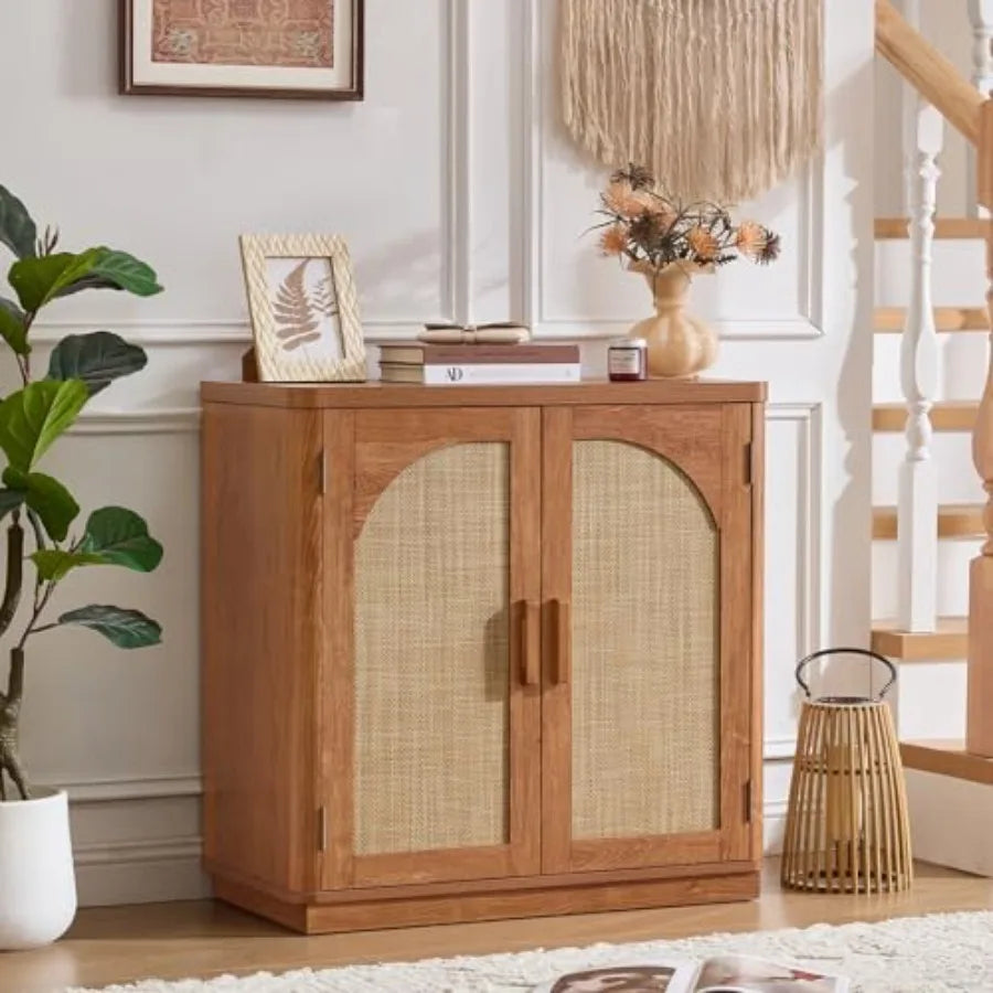 Rattan Sideboard Buffet Cabinet for Kitchen and Living Room Brown Wood