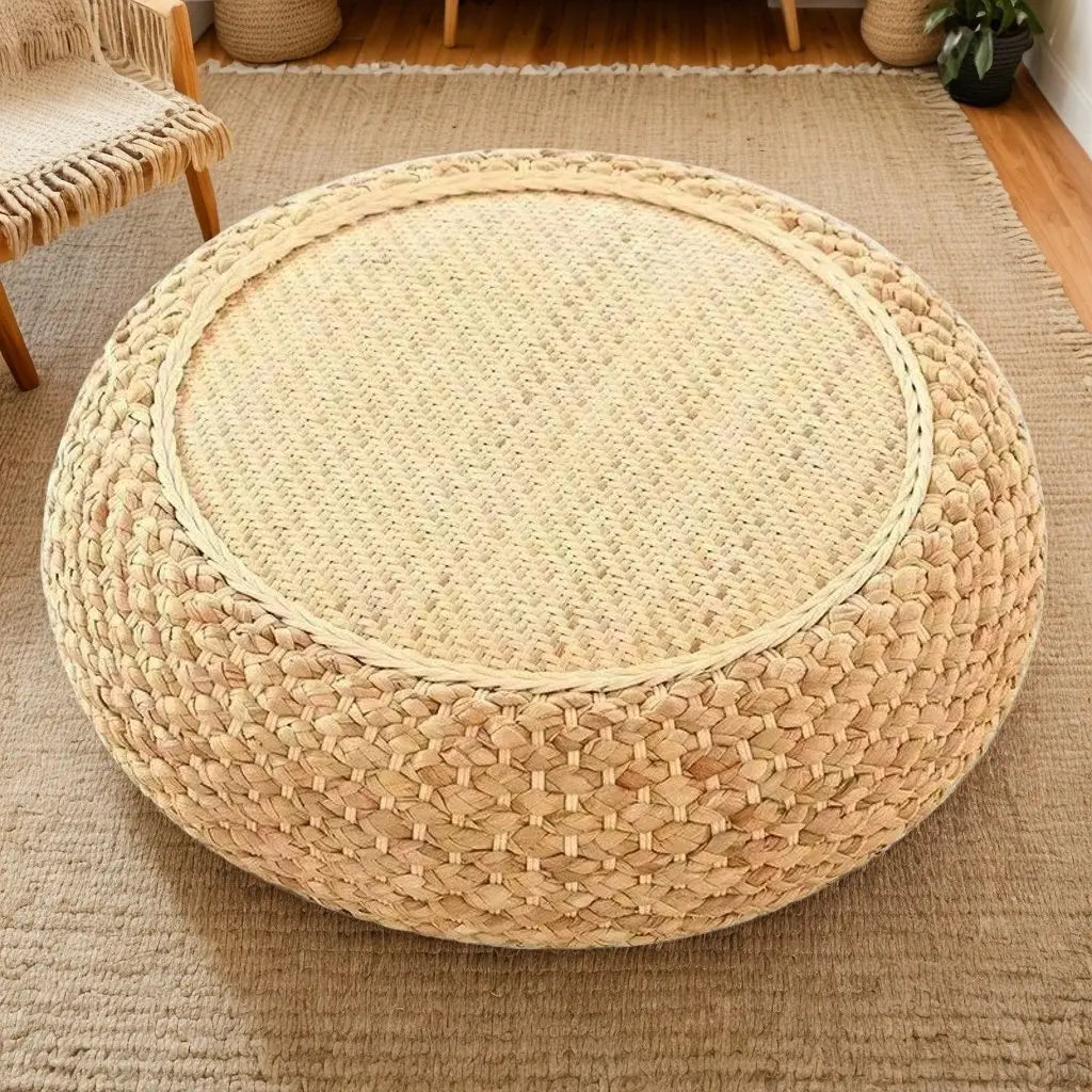 Handwoven Water Hyacinth Rattan Stool, Bohemian Round Ottoman for Bedroom