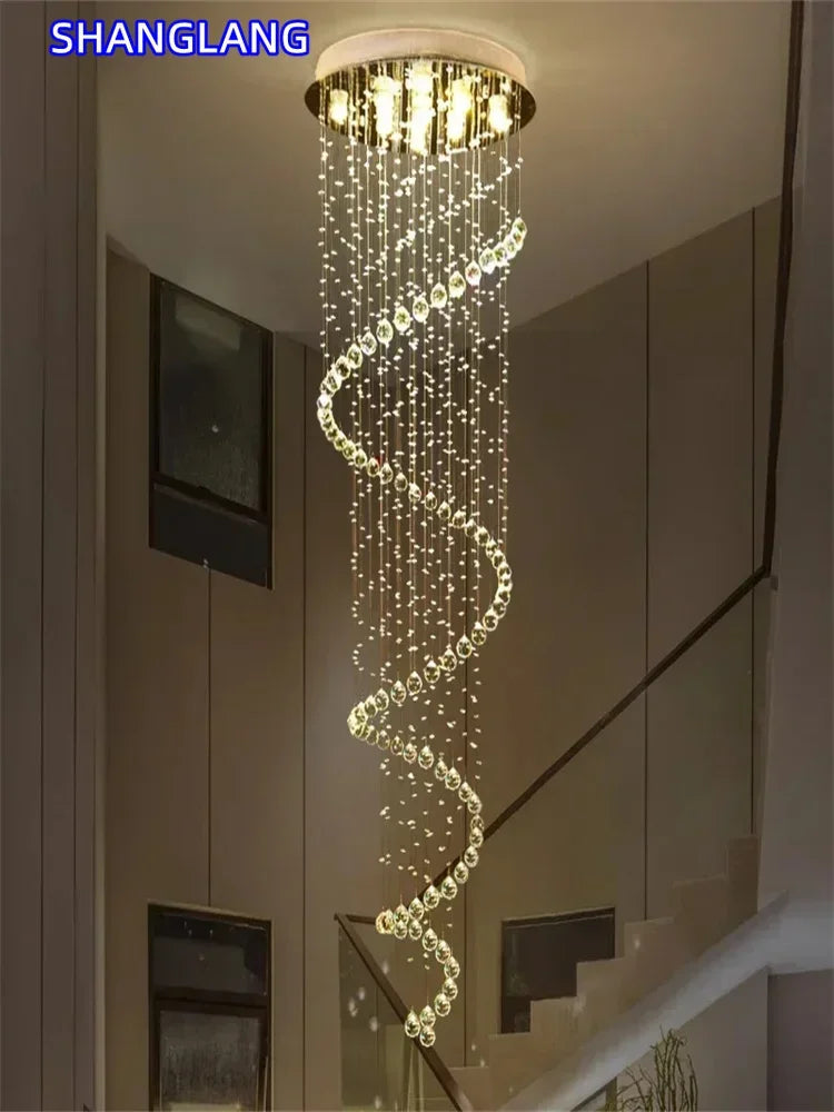 Modern Large K9 Crystal LED Chandeliers for Spiral Living Room Staircase Lamp