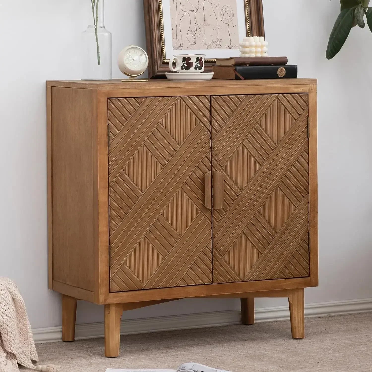 Mid-Century Modern Carved Wood Sideboard Buffet Geometric