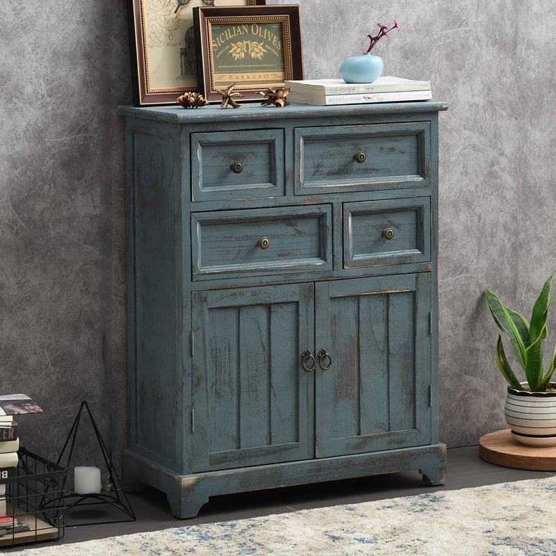 ‌Distressed Mediterranean Sideboard‌ Mortise-Tenon Solid Wood Storage