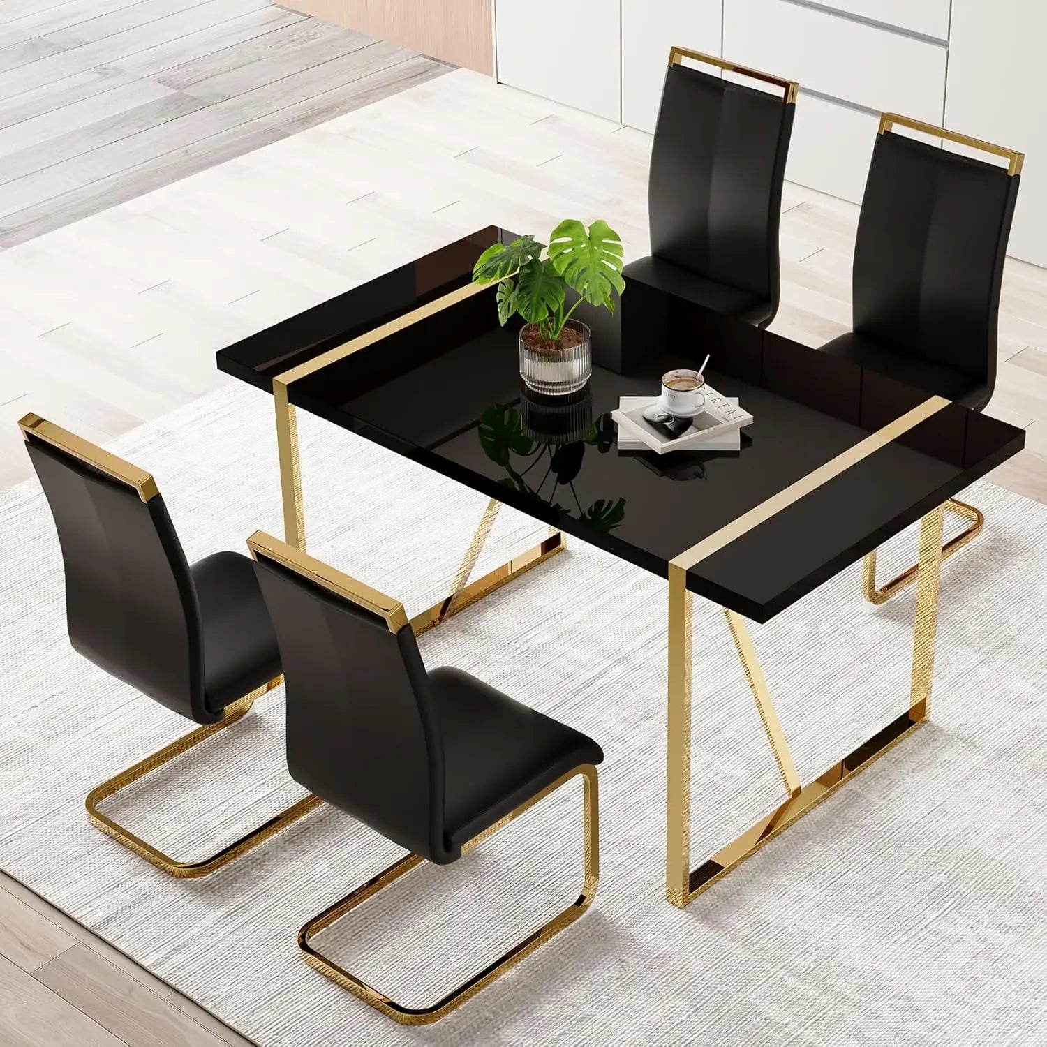 Dining Table Set for 4，White Rectangular Kitchen Table and Leather Dining Chairs