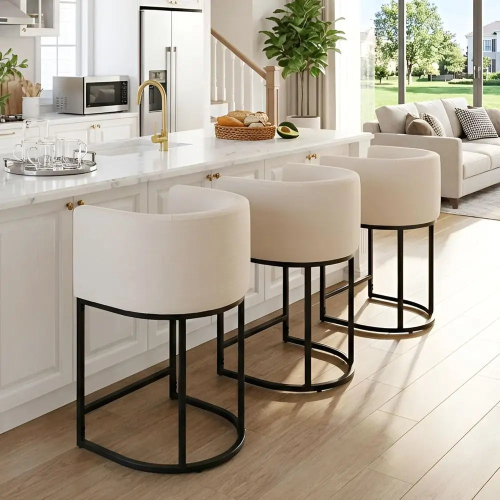 Linen Fabric Upholstered Counter Stools Set of 3, 24 Inch Kitchen Island Bar Stools