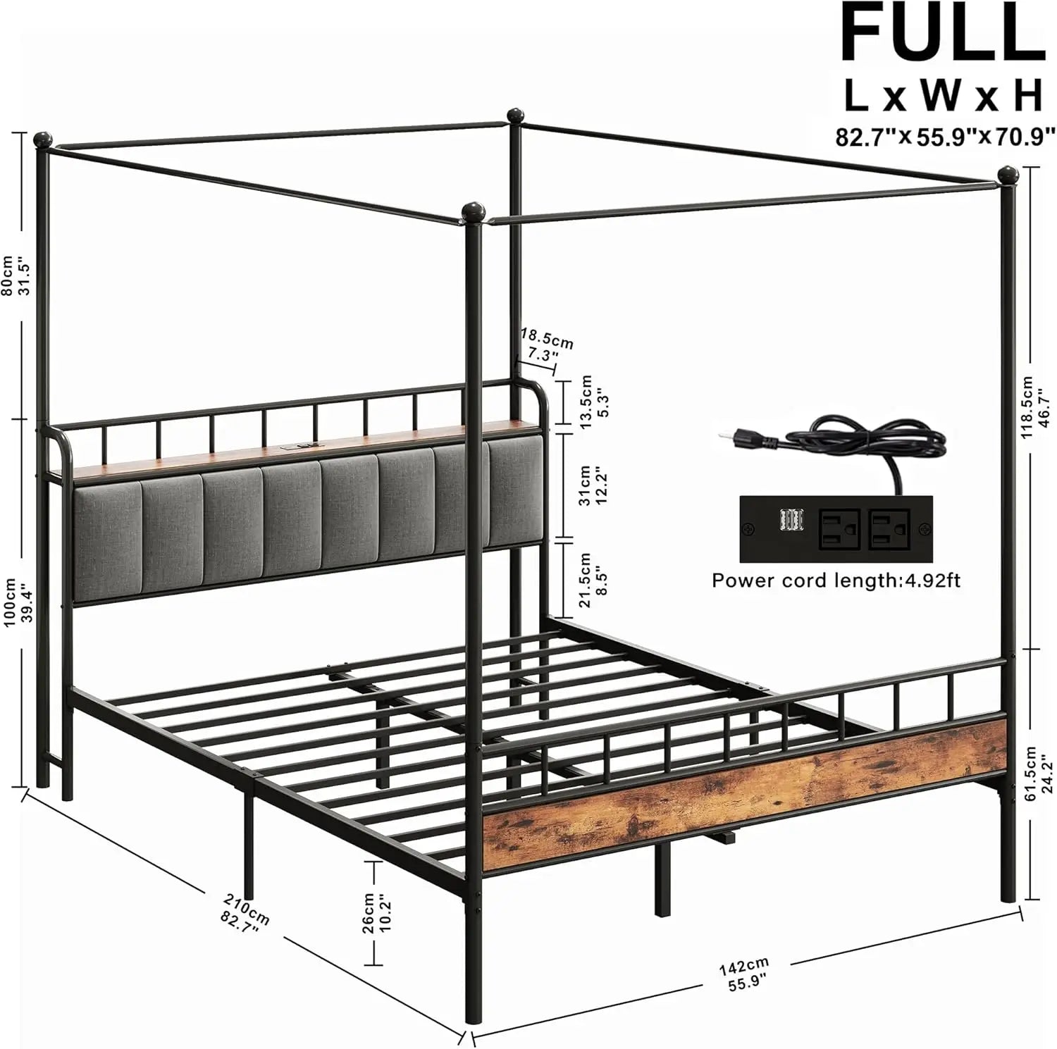 Upholstered Bed Frame — Black & Brown, Full, Queen & King