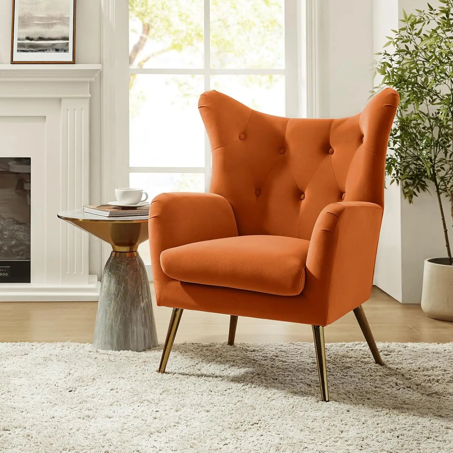 Velvet Accent Chair, Modern Wingback Arm Chair with Metal Gold Legs