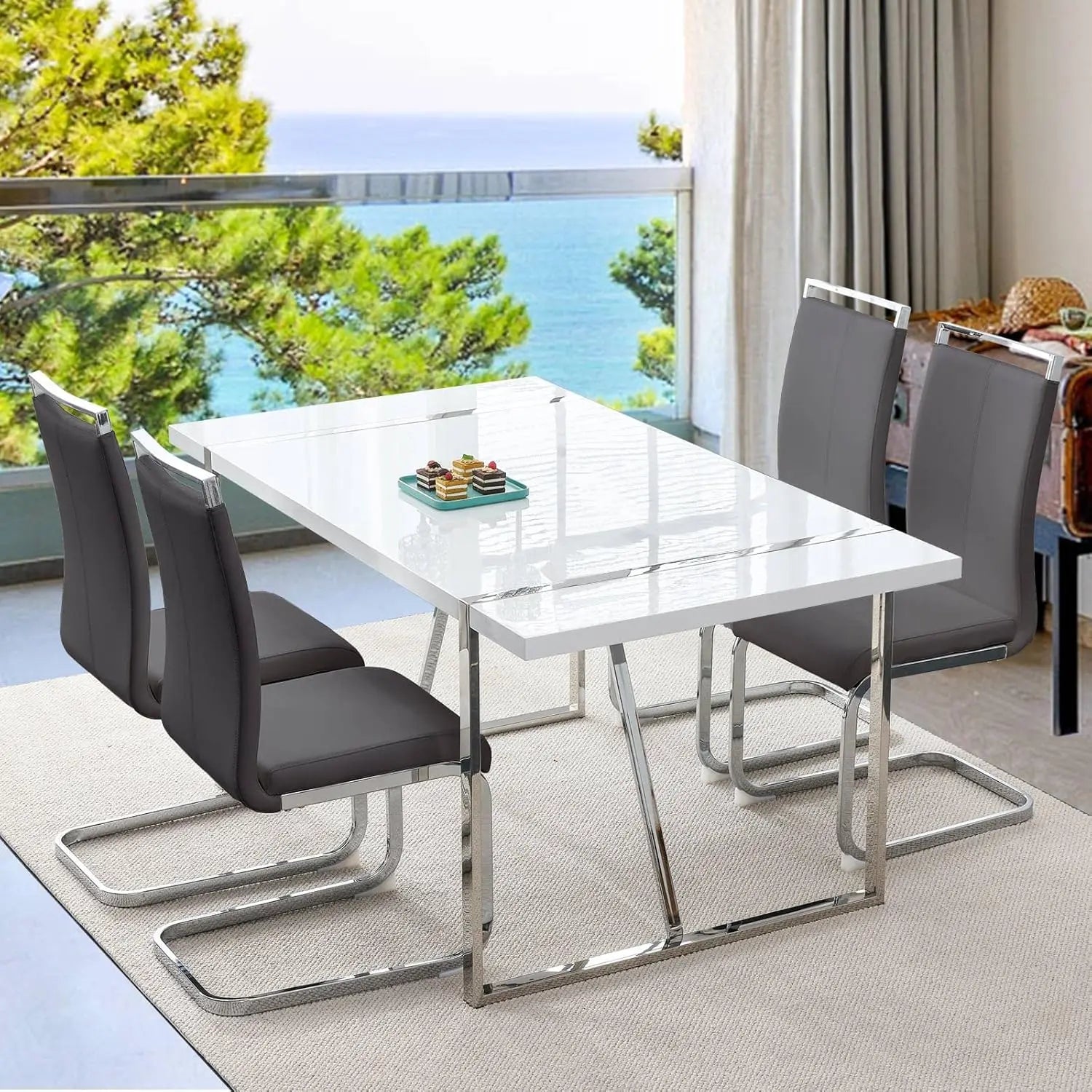 Dining Table Set for 4，White Rectangular Kitchen Table and Leather Dining Chairs