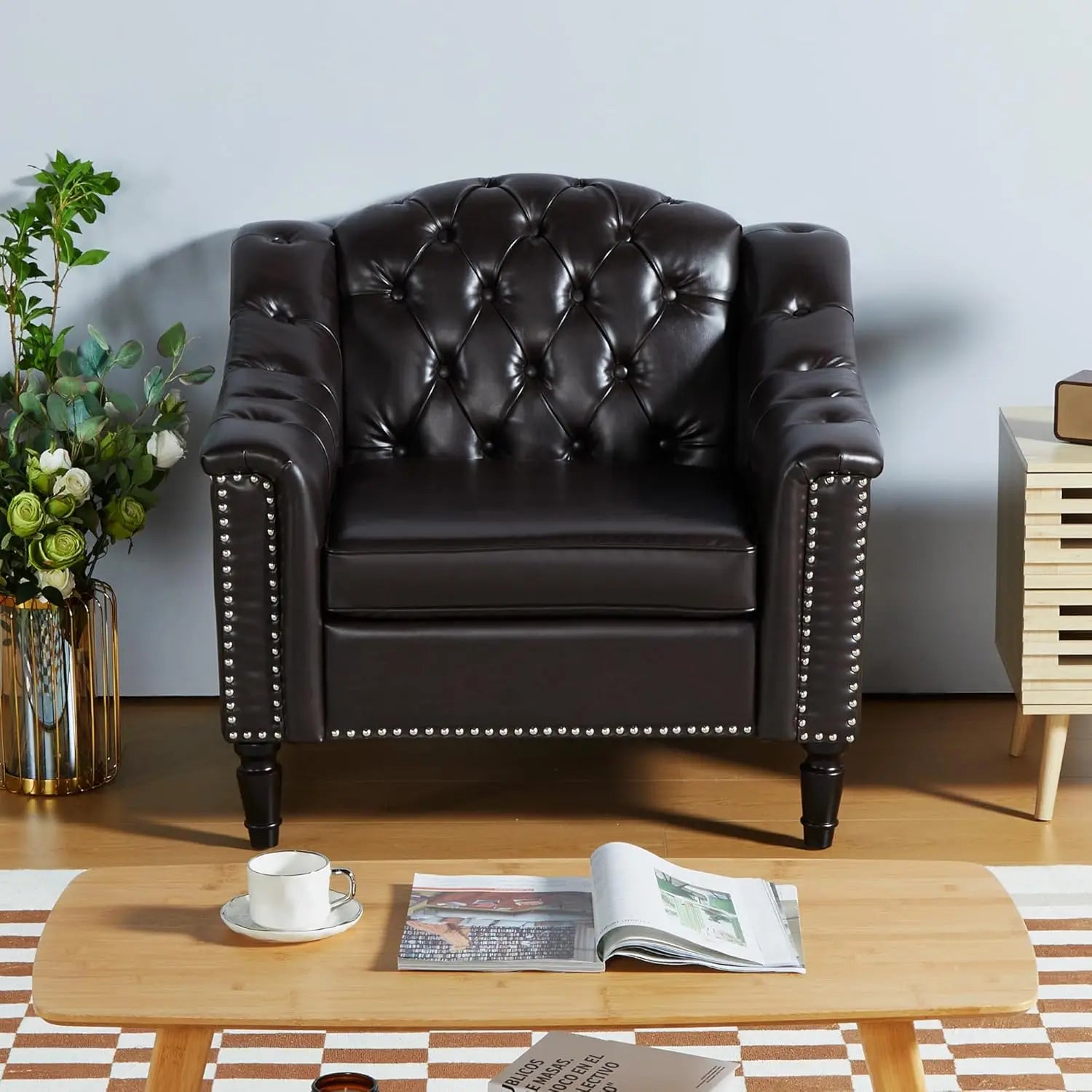 White Velvet Upholstered High Back Armchair Mid-Century Solid Wood Legs