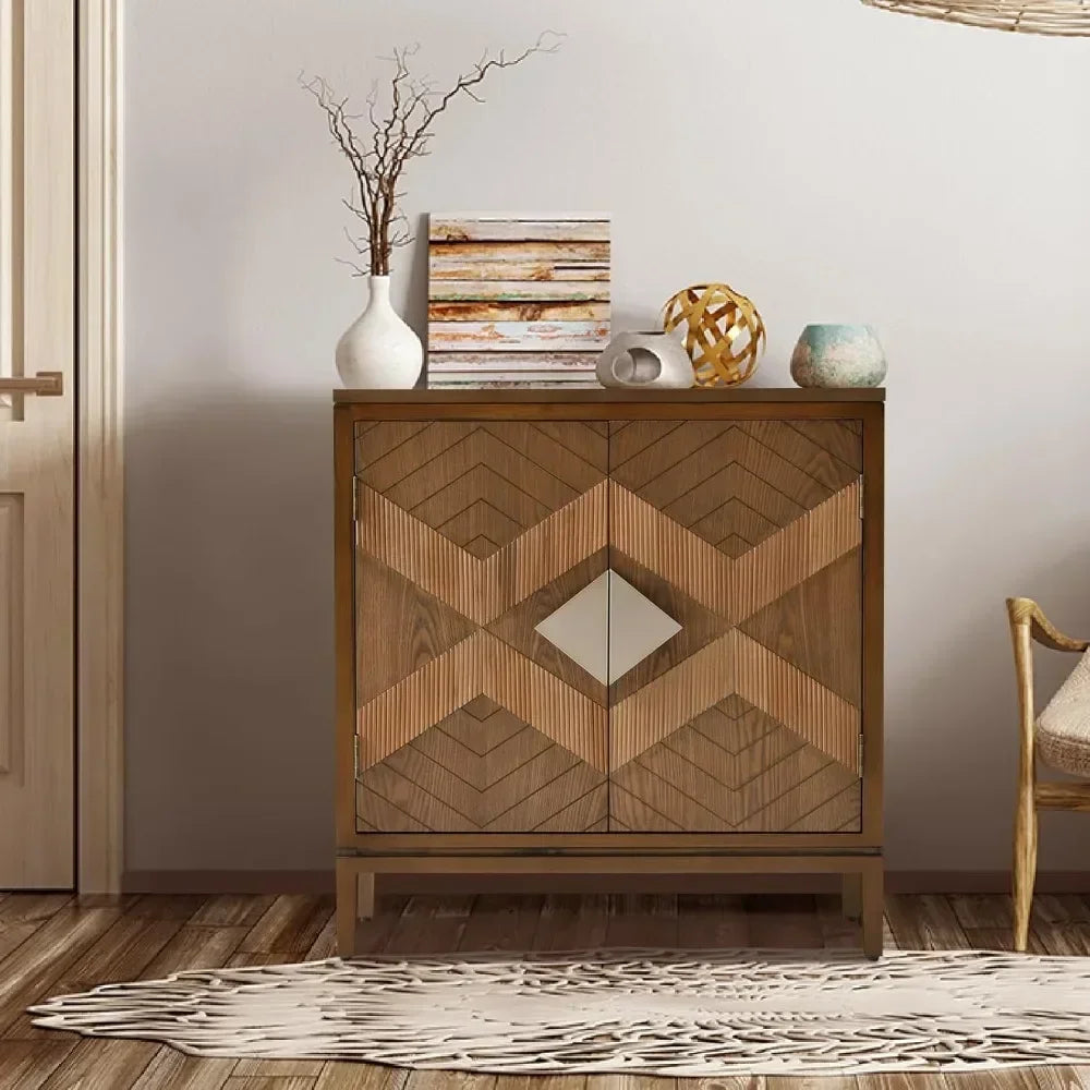 Mid-Century Modern Carved Wood Sideboard Buffet Geometric