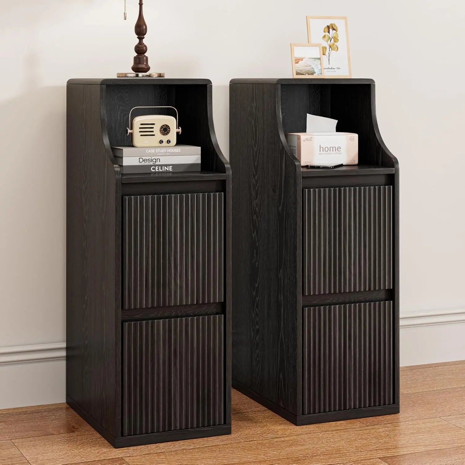 Fluted Narrow Nightstand Set Of 2, Skinny Bedside Table With 2 Drawers