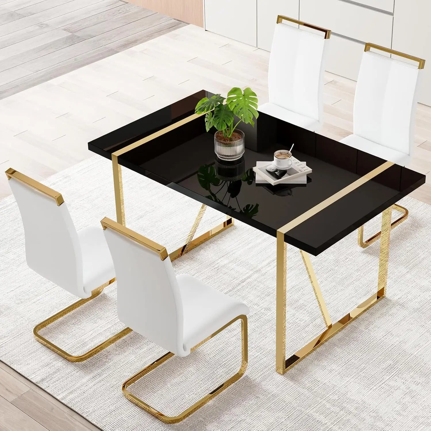 Dining Table Set for 4，White Rectangular Kitchen Table and Leather Dining Chairs