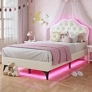 Twin Girl's Upholstered Platform Bed — LED Lights, Storage Drawer & Crystal Headboard