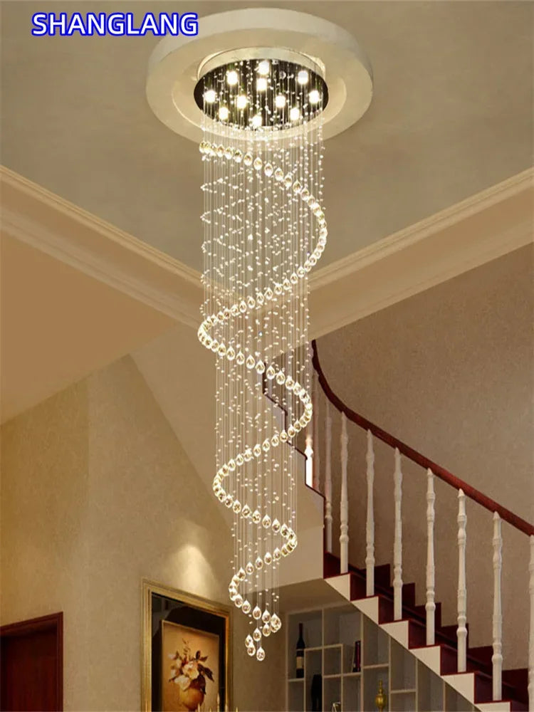 Modern Large K9 Crystal LED Chandeliers for Spiral Living Room Staircase Lamp