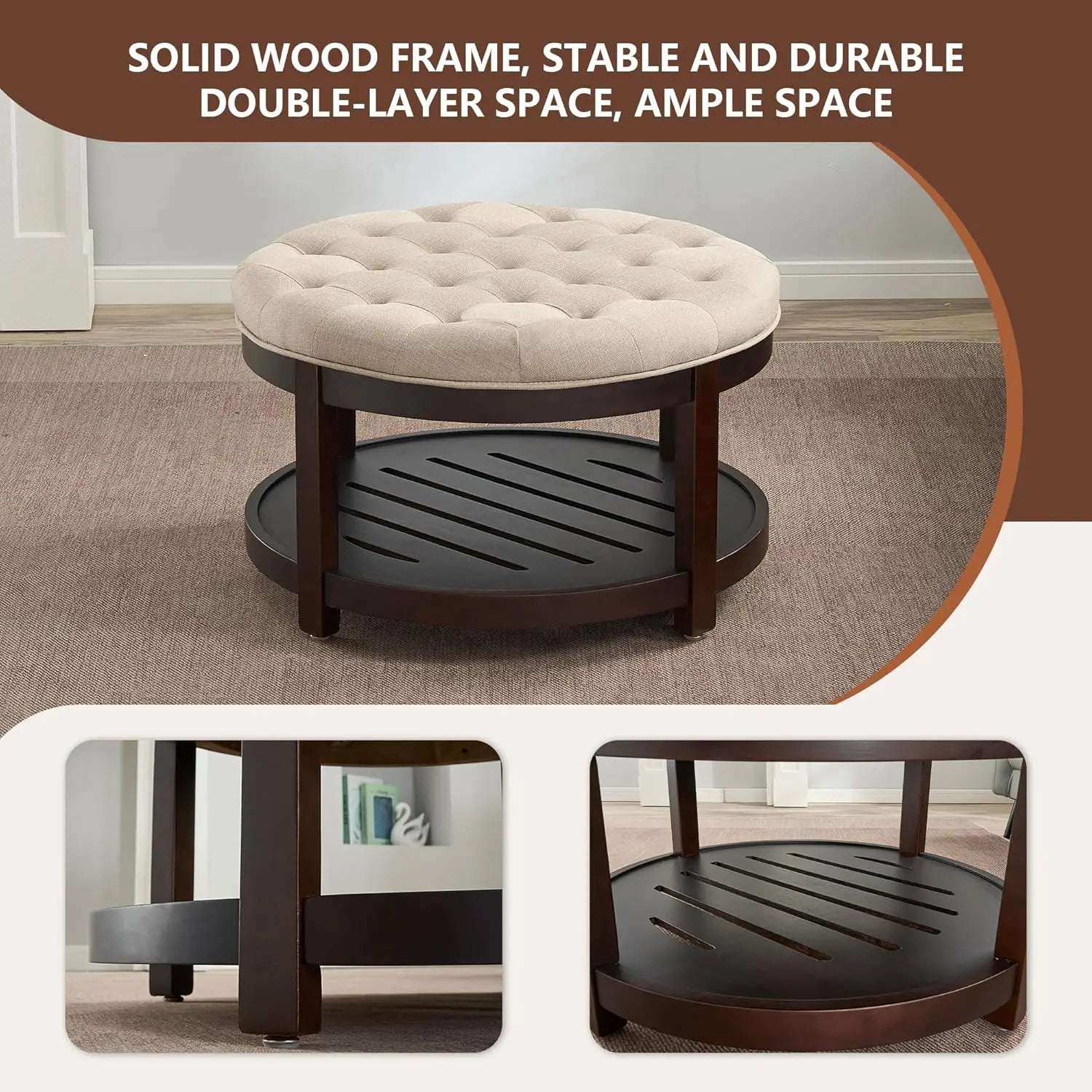 Large Round Ottoman Coffee Table with Storage, Upholstered Button Tufted