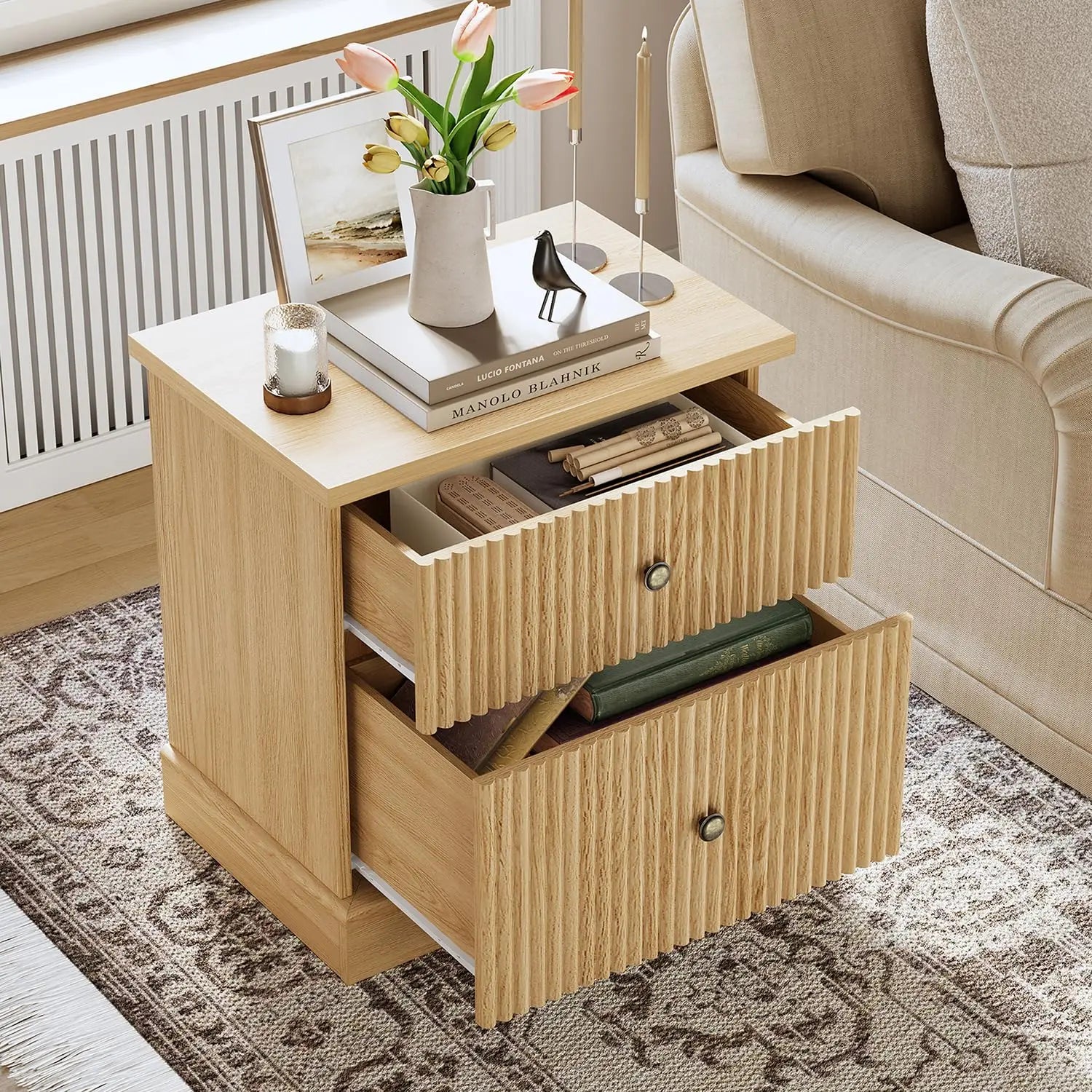 Fluted Nightstand With Drawers, Mid-Century Modern Bedside Table, Slim