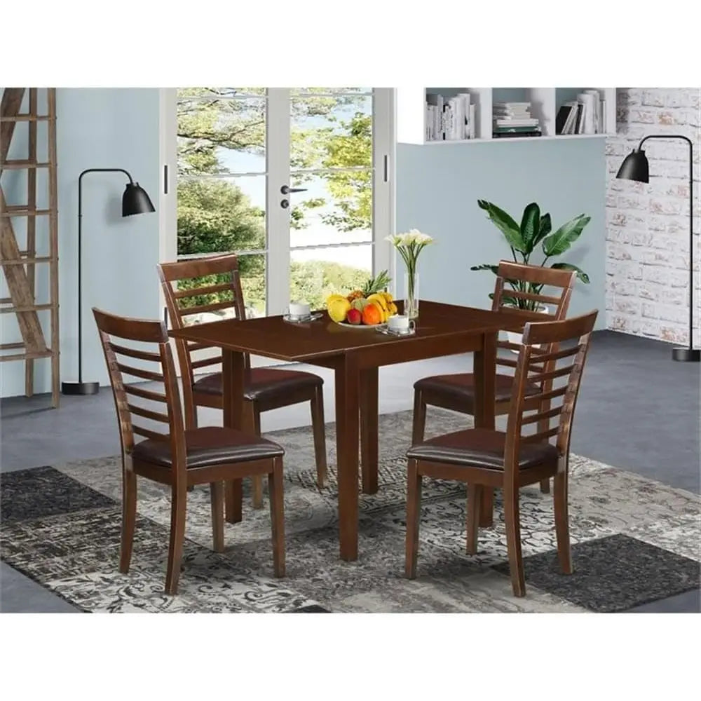 5-Piece Dining Set with Drop Leaf Table and 4 Leather Chairs, 30x48 Inch