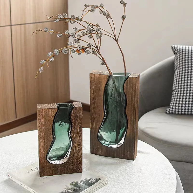 Creative Feng Shui Atmosphere Chinese Wood Glass Vase to Decorate the Home