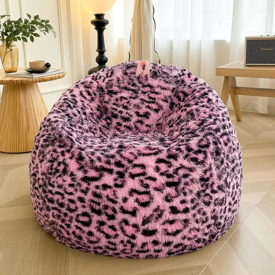 Faux Fur Leopard Print Bean Bag Chair Cover No Filler, Fluffy Pink Home Decor