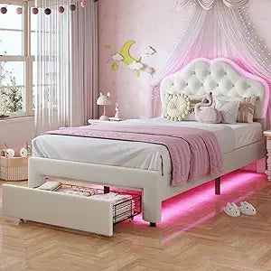 Twin Girl's Upholstered Platform Bed — LED Lights, Storage Drawer & Crystal Headboard