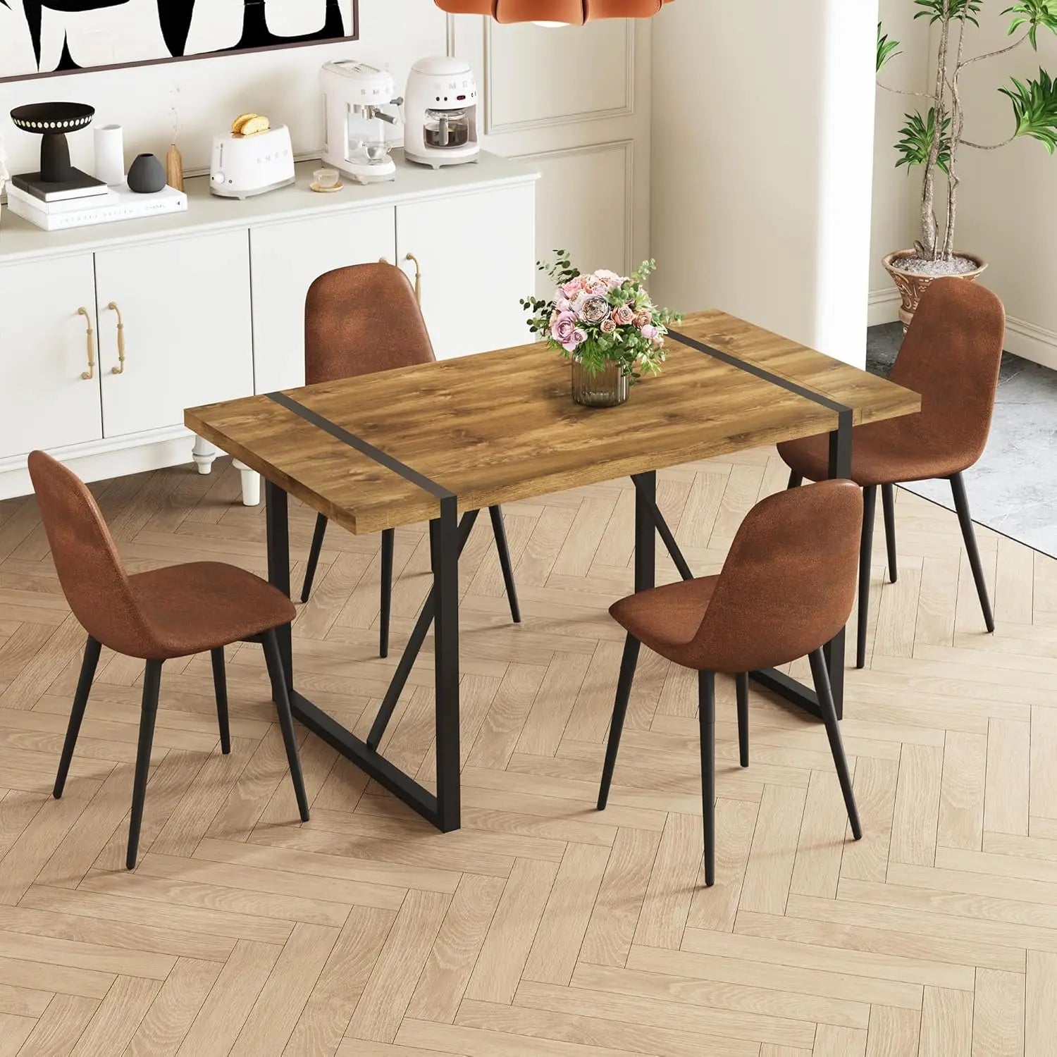 Rustic 5 Piece Dining Set Mid Century 55in Rectangle Wood Table Fabric Chairs